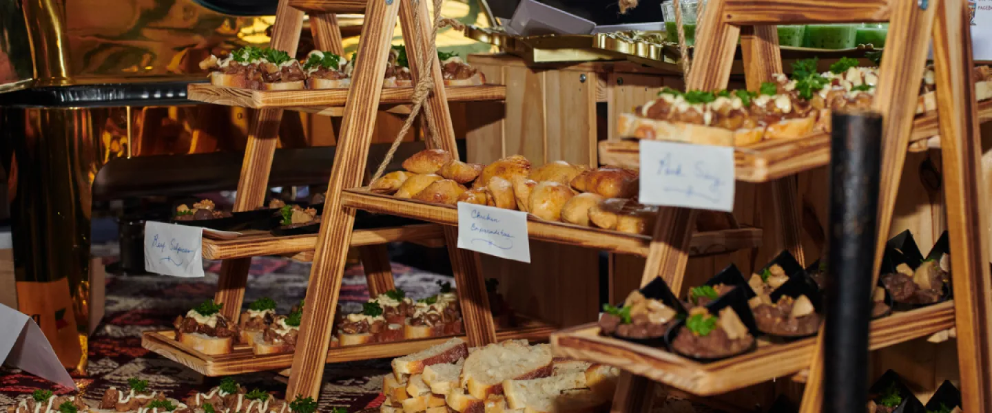 A food booth with tiered shelving