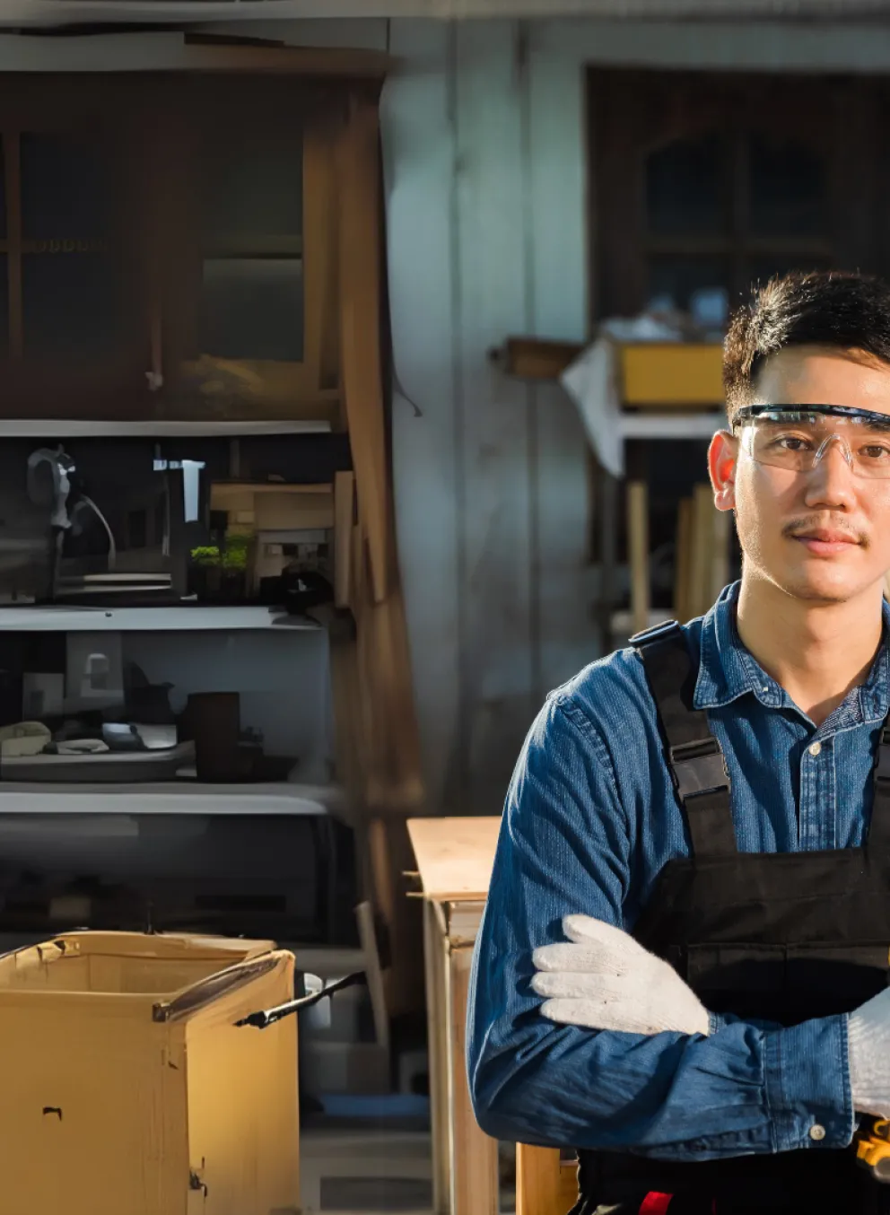 A man wearing work goggles and holding an electric drill