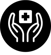 Icon of two hands supporting a medical cross.