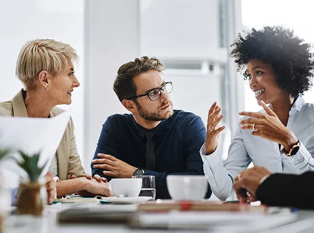 A diverse group of business professionals engaged in discussion around a conference table.